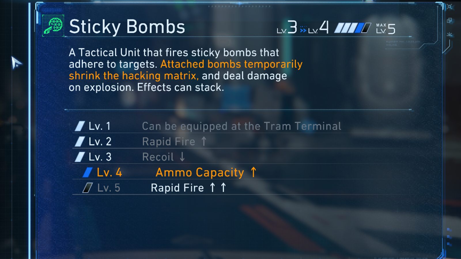Sticky Bombs weapon screenshot illustrating hack-support value in Pragmata boss fights