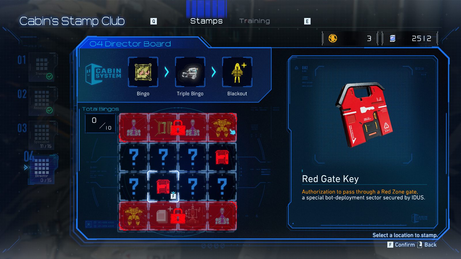 Director Stamp Club board showing two Red Gate Key rewards in Pragmata